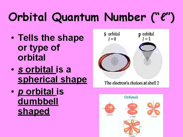 Orbital Quantum Number (“ℓ”) • Tells the shape or type of orbital • s