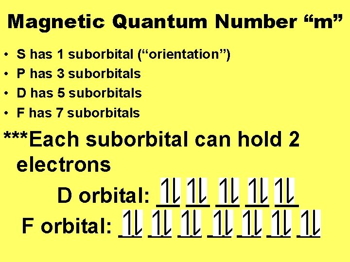 Magnetic Quantum Number “m” • • S has 1 suborbital (“orientation”) P has 3
