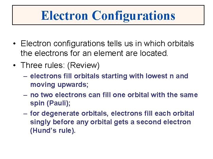 Electron Configurations • Electron configurations tells us in which orbitals the electrons for an