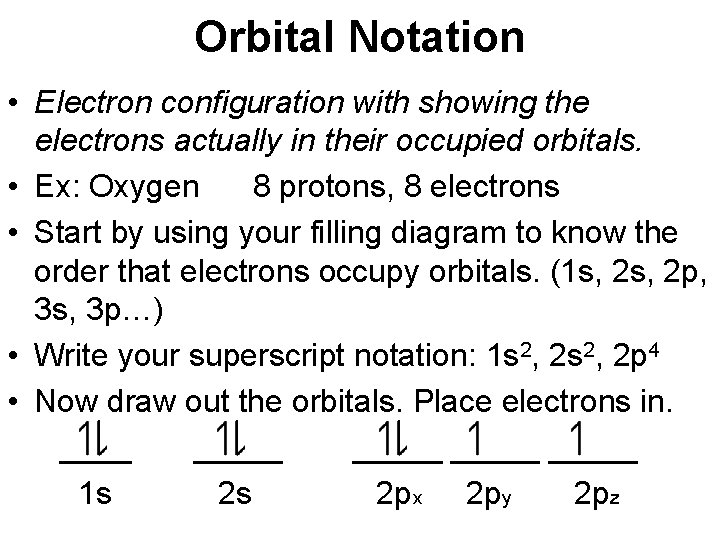 Orbital Notation • Electron configuration with showing the electrons actually in their occupied orbitals.