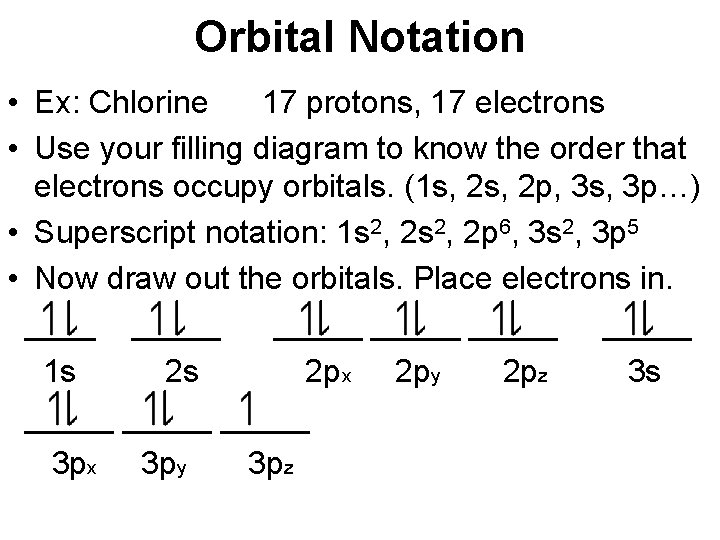 Orbital Notation • Ex: Chlorine 17 protons, 17 electrons • Use your filling diagram