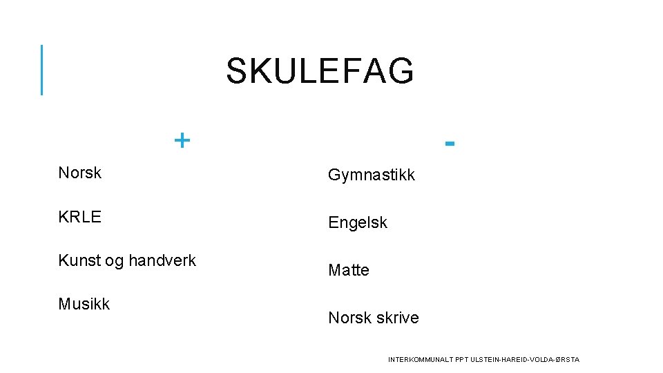 SKULEFAG + - Norsk Gymnastikk KRLE Engelsk Kunst og handverk Musikk Matte Norsk skrive