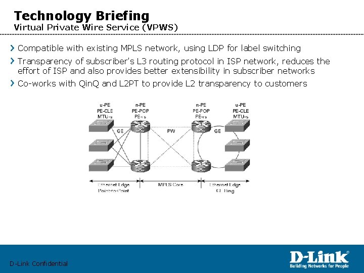 Technology Briefing Virtual Private Wire Service (VPWS) Compatible with existing MPLS network, using LDP