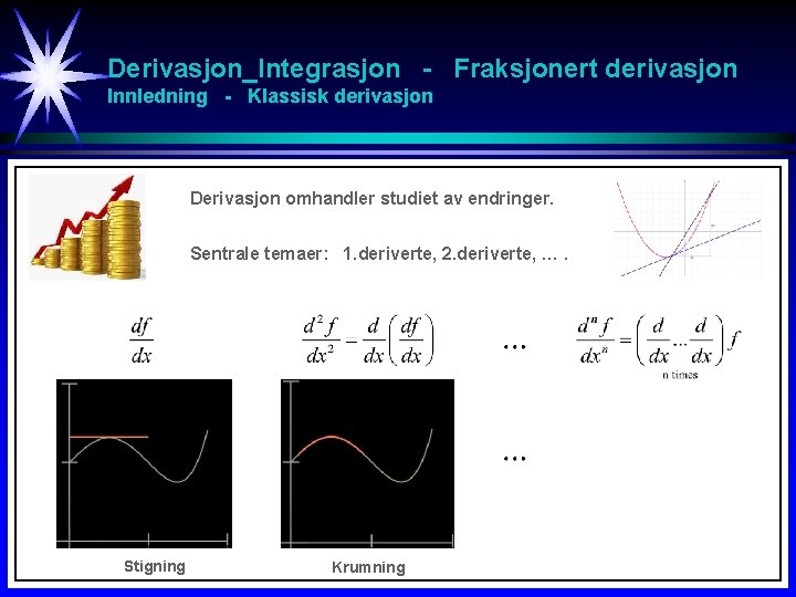 Derivasjon_Integrasjon - Fraksjonert derivasjon Innledning - Klassisk derivasjon Derivasjon omhandler studiet av endringer. Sentrale