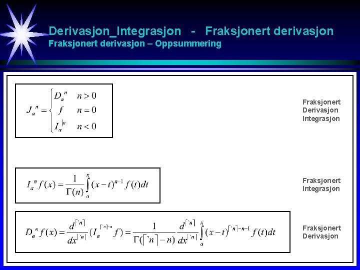 Derivasjon_Integrasjon - Fraksjonert derivasjon – Oppsummering Fraksjonert Derivasjon Integrasjon Fraksjonert Derivasjon 