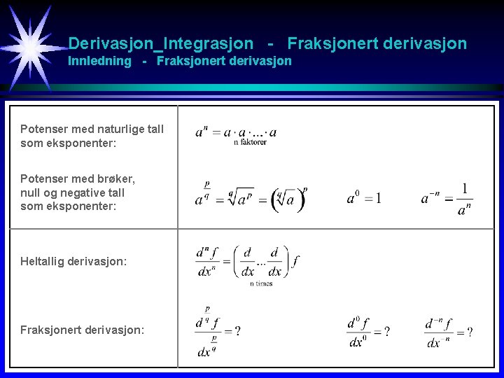 Derivasjon_Integrasjon - Fraksjonert derivasjon Innledning - Fraksjonert derivasjon Potenser med naturlige tall som eksponenter: