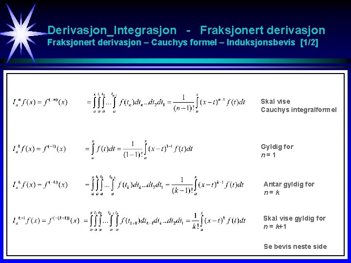 Derivasjon_Integrasjon - Fraksjonert derivasjon – Cauchys formel – Induksjonsbevis [1/2] Skal vise Cauchys integralformel
