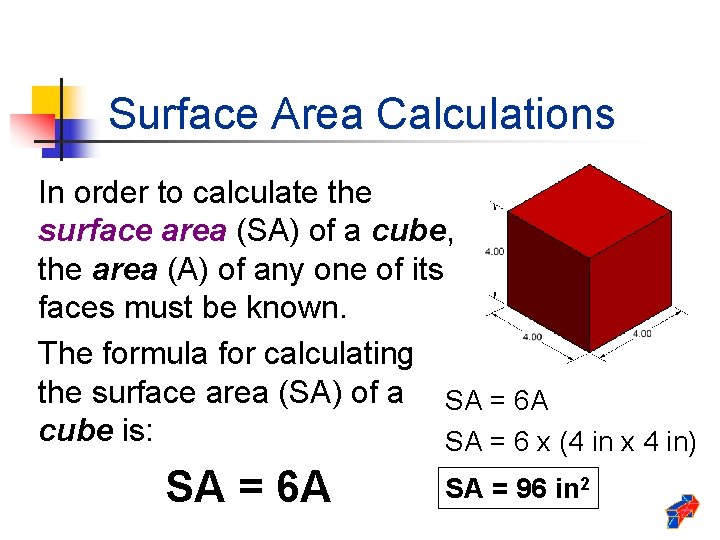 Surface Area Calculations In order to calculate the surface area (SA) of a cube, Surface Area Calculations In order to calculate the surface area (SA) of a cube,