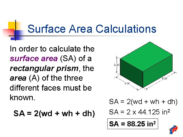 Surface Area Calculations In order to calculate the surface area (SA) of a rectangular Surface Area Calculations In order to calculate the surface area (SA) of a rectangular