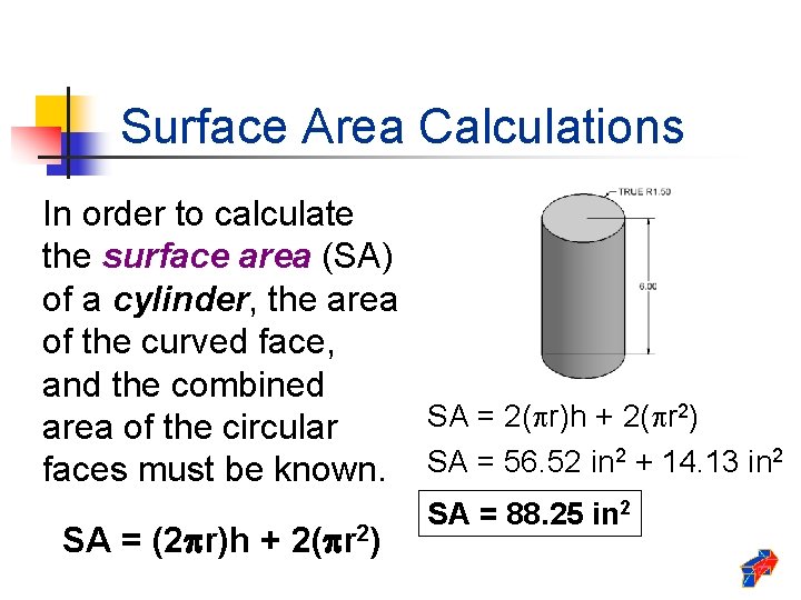 Surface Area Calculations In order to calculate the surface area (SA) of a cylinder, Surface Area Calculations In order to calculate the surface area (SA) of a cylinder,