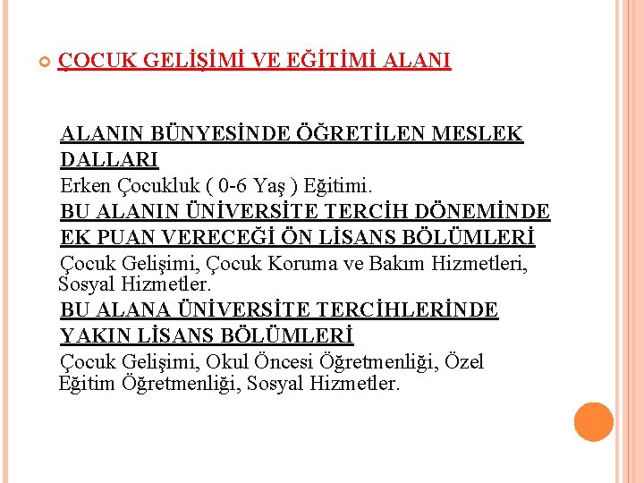  ÇOCUK GELİŞİMİ VE EĞİTİMİ ALANIN BÜNYESİNDE ÖĞRETİLEN MESLEK DALLARI Erken Çocukluk ( 0