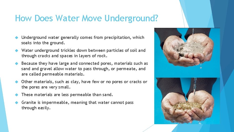 How Does Water Move Underground? Underground water generally comes from precipitation, which soaks into