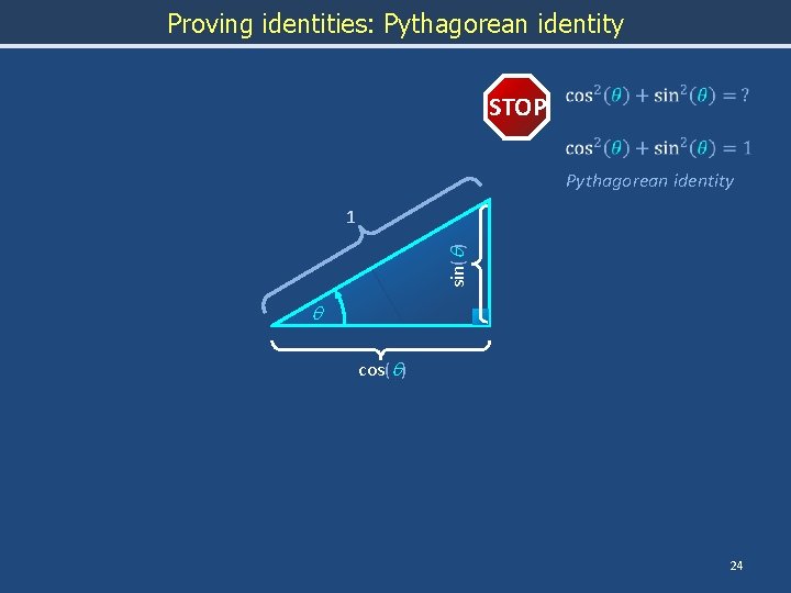 Proving identities: Pythagorean identity STOP Pythagorean identity sin(q) 1 q cos(q) 24 