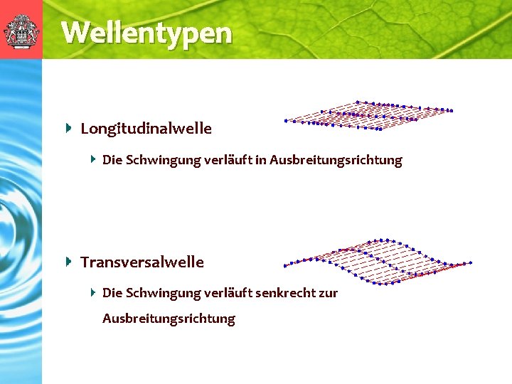 Wellentypen Longitudinalwelle Die Schwingung verläuft in Ausbreitungsrichtung Transversalwelle Die Schwingung verläuft senkrecht zur Ausbreitungsrichtung