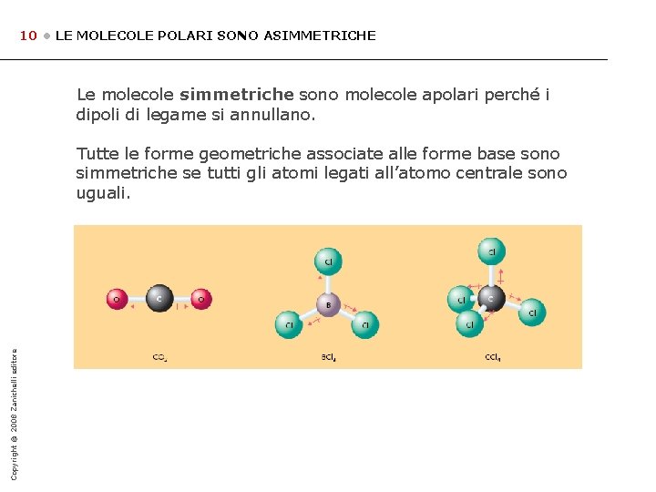 10 • LE MOLECOLE POLARI SONO ASIMMETRICHE Le molecole simmetriche sono molecole apolari perché