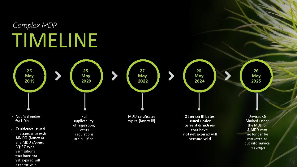 Complex MDR TIMELINE 25 May 2019 ü ü Notified bodies for UDIs Certificates issued