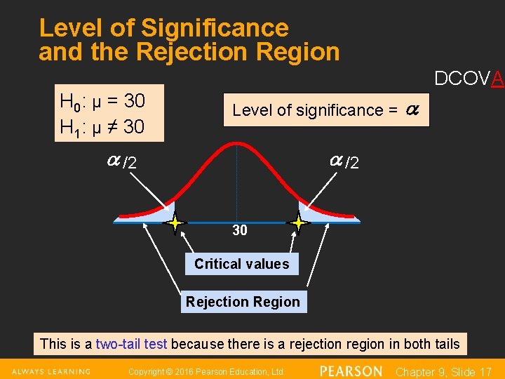 Level of Significance and the Rejection Region DCOVA H 0: μ = 30 H