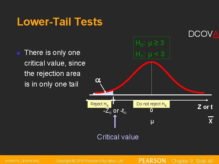 Lower-Tail Tests DCOVA H 0: μ ≥ 3 n There is only one critical