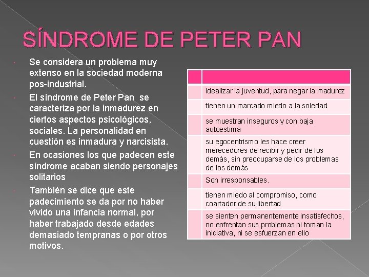 SÍNDROME DE PETER PAN Se considera un problema muy extenso en la sociedad moderna