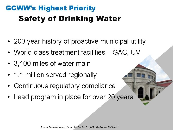 GCWW’s Highest Priority Safety of Drinking Water • 200 year history of proactive municipal