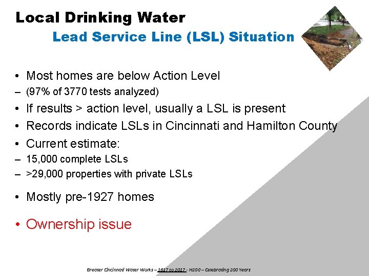 Local Drinking Water Lead Service Line (LSL) Situation • Most homes are below Action