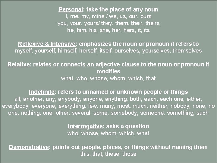 Personal: take the place of any noun I, me, my, mine / we, us,