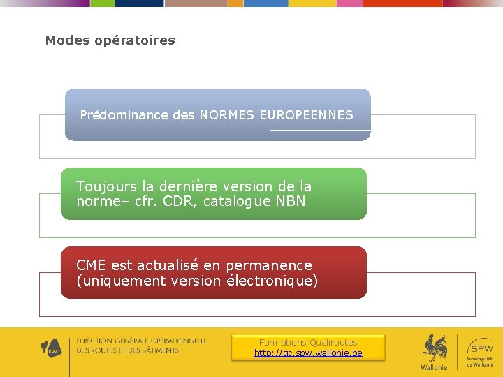 Modes opératoires Prédominance des NORMES EUROPEENNES Toujours la dernière version de la norme– cfr. Modes opératoires Prédominance des NORMES EUROPEENNES Toujours la dernière version de la norme– cfr.