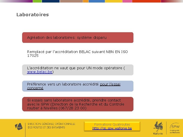 Laboratoires Agréation des laboratoires: système disparu Remplacé par l’accréditation BELAC suivant NBN EN ISO Laboratoires Agréation des laboratoires: système disparu Remplacé par l’accréditation BELAC suivant NBN EN ISO