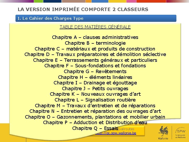 LA VERSION IMPRIMÉE COMPORTE 2 CLASSEURS 1. Le Cahier des Charges Type TABLE DES LA VERSION IMPRIMÉE COMPORTE 2 CLASSEURS 1. Le Cahier des Charges Type TABLE DES