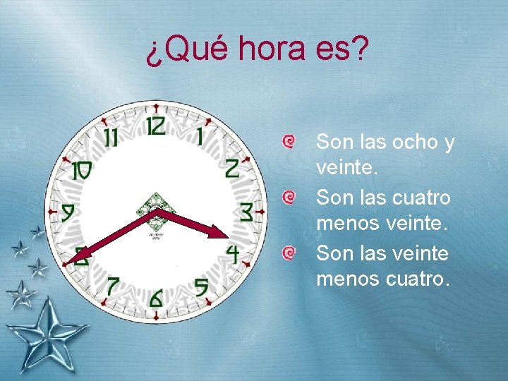 ¿Qué hora es? Son las ocho y veinte. Son las cuatro menos veinte. Son