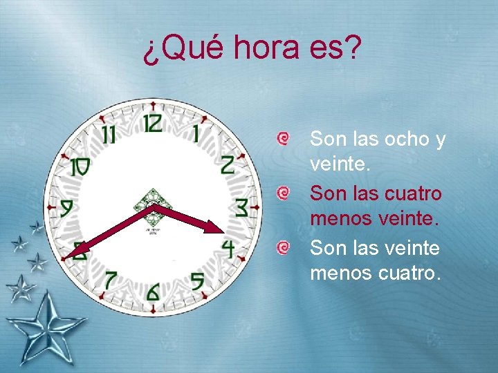¿Qué hora es? Son las ocho y veinte. Son las cuatro menos veinte. Son