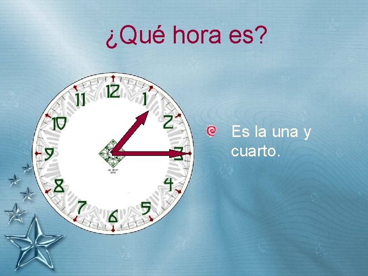 ¿Qué hora es? Es la una y cuarto. 