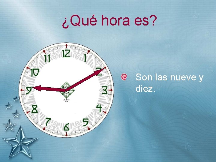 ¿Qué hora es? Son las nueve y diez. 