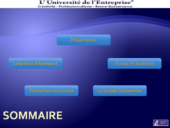 Présentation Conditions d’Admission Formations en Licence SOMMAIRE Écoles et Instituts La Double Diplomation 