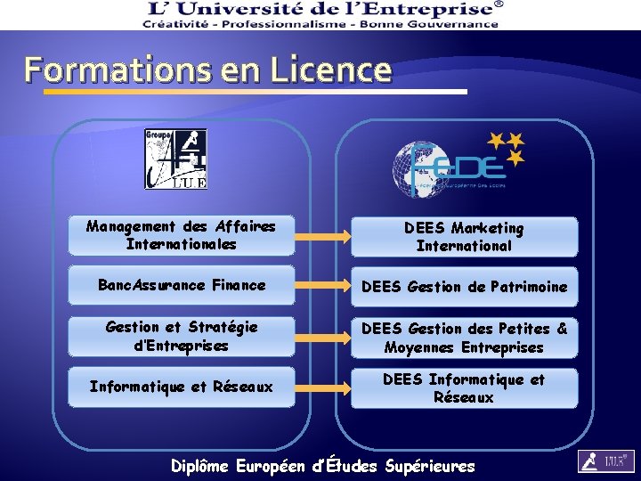 Formations en Licence Management des Affaires Internationales DEES Marketing International Banc. Assurance Finance DEES