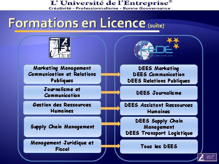 Formations en Licence (suite) Marketing Management Communication et Relations Publiques DEES Marketing DEES Communication