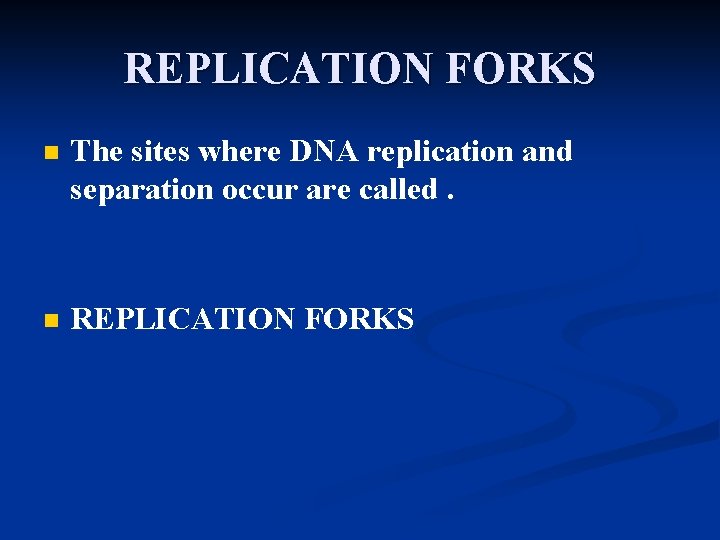 REPLICATION FORKS n The sites where DNA replication and separation occur are called. n REPLICATION FORKS n The sites where DNA replication and separation occur are called. n