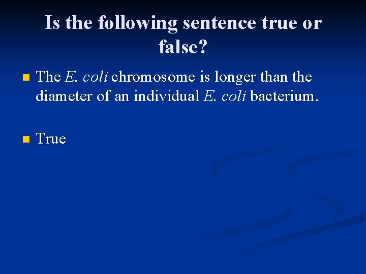 Is the following sentence true or false? n The E. coli chromosome is longer Is the following sentence true or false? n The E. coli chromosome is longer
