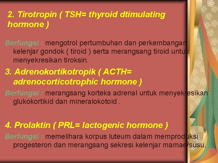 2. Tirotropin ( TSH= thyroid dtimulating hormone ) Berfungsi : mengotrol pertumbuhan dan perkembangan