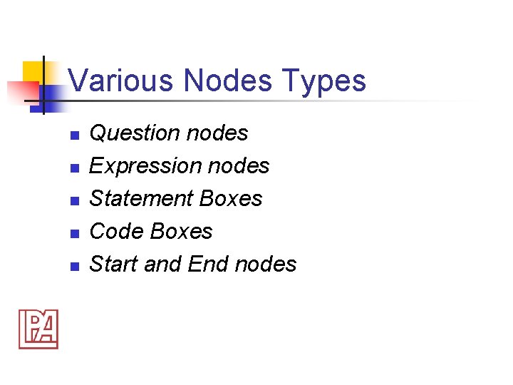Various Nodes Types n n n Question nodes Expression nodes Statement Boxes Code Boxes