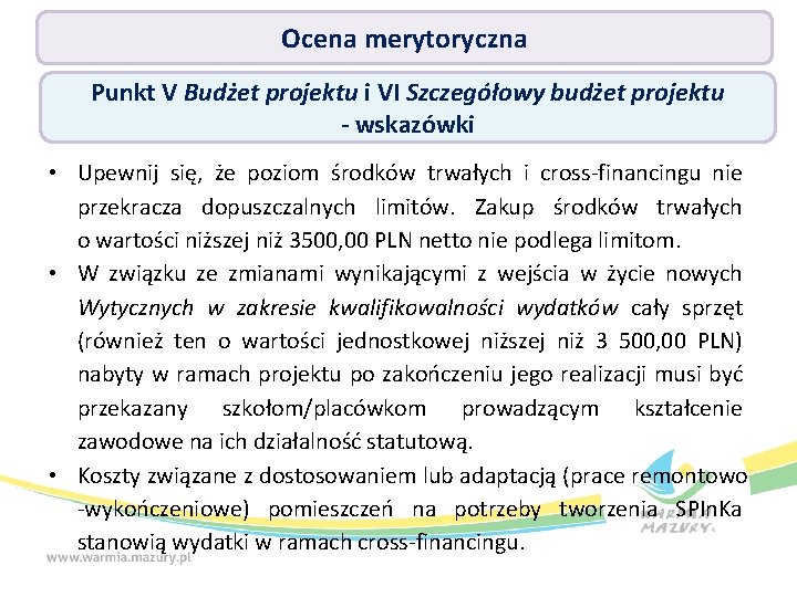 Ocena merytoryczna Punkt V Budżet projektu i VI Szczegółowy budżet projektu - wskazówki •