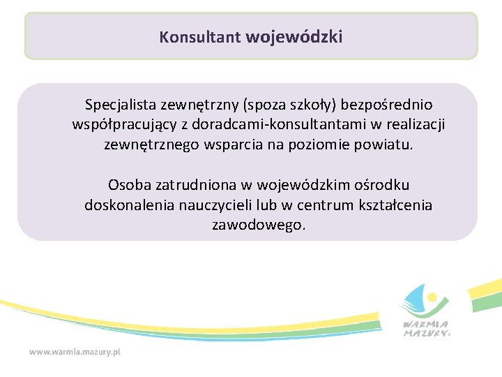 Konsultant wojewódzki Specjalista zewnętrzny (spoza szkoły) bezpośrednio współpracujący z doradcami-konsultantami w realizacji zewnętrznego wsparcia