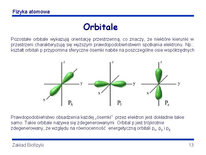 Fizyka atomowa Orbitale Pozostałe orbitale wykazują orientację przestrzenną, co znaczy, że niektóre kierunki w