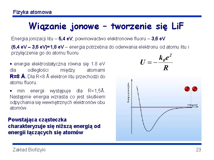 Fizyka atomowa Wiązanie jonowe – tworzenie się Li. F Energia jonizacji litu – 5,