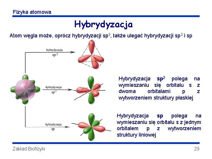 Fizyka atomowa Hybrydyzacja Atom węgla może, oprócz hybrydyzacji sp 3, także ulegać hybrydyzacji sp