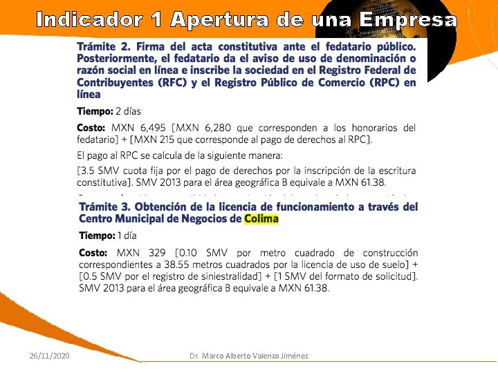 Indicador 1 Apertura de una Empresa 26/11/2020 Dr. Marco Alberto Valenzo Jiménez 