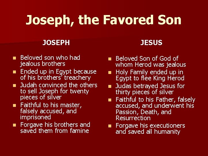 Joseph, the Favored Son JOSEPH n n n Beloved son who had jealous brothers