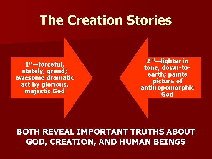 The Creation Stories 1 st—forceful, stately, grand; awesome dramatic act by glorious, majestic God