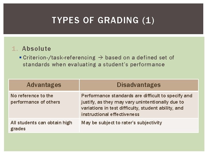 TYPES OF GRADING (1) 1. Absolute § Criterion-/task-referencing based on a defined set of