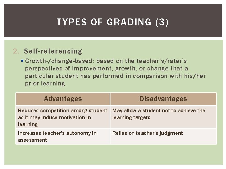 TYPES OF GRADING (3) 2. Self-referencing § Growth-/change-based: based on the teacher’s/rater’s perspectives of